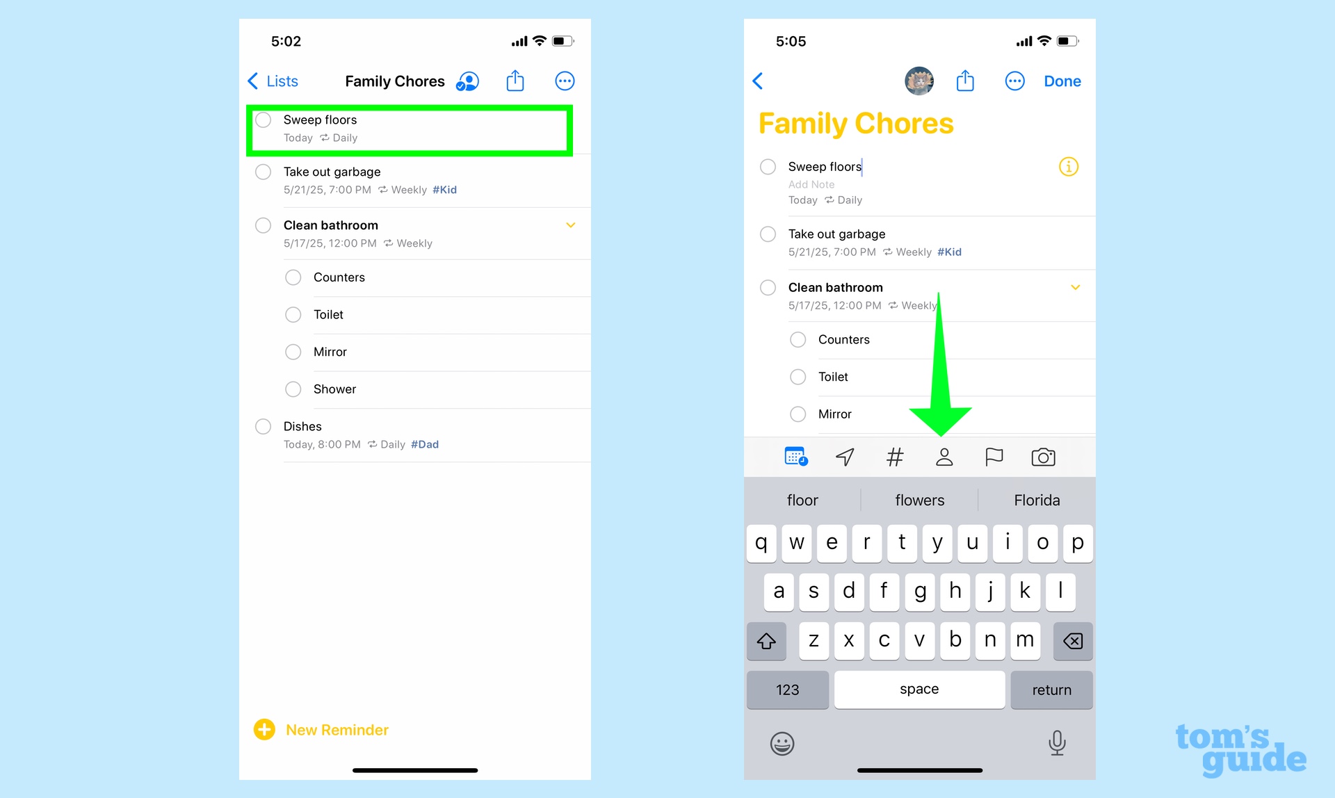 selecting a reminder to add an assignment to a specific person in iOS Reminders