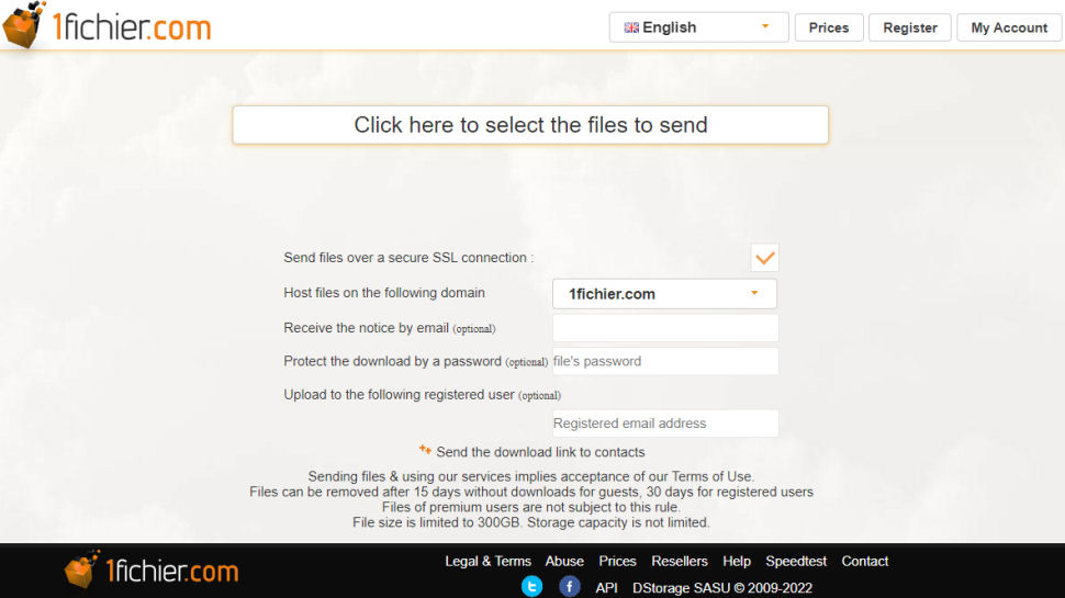 Tangkapan layar situs web untuk 1fichier
