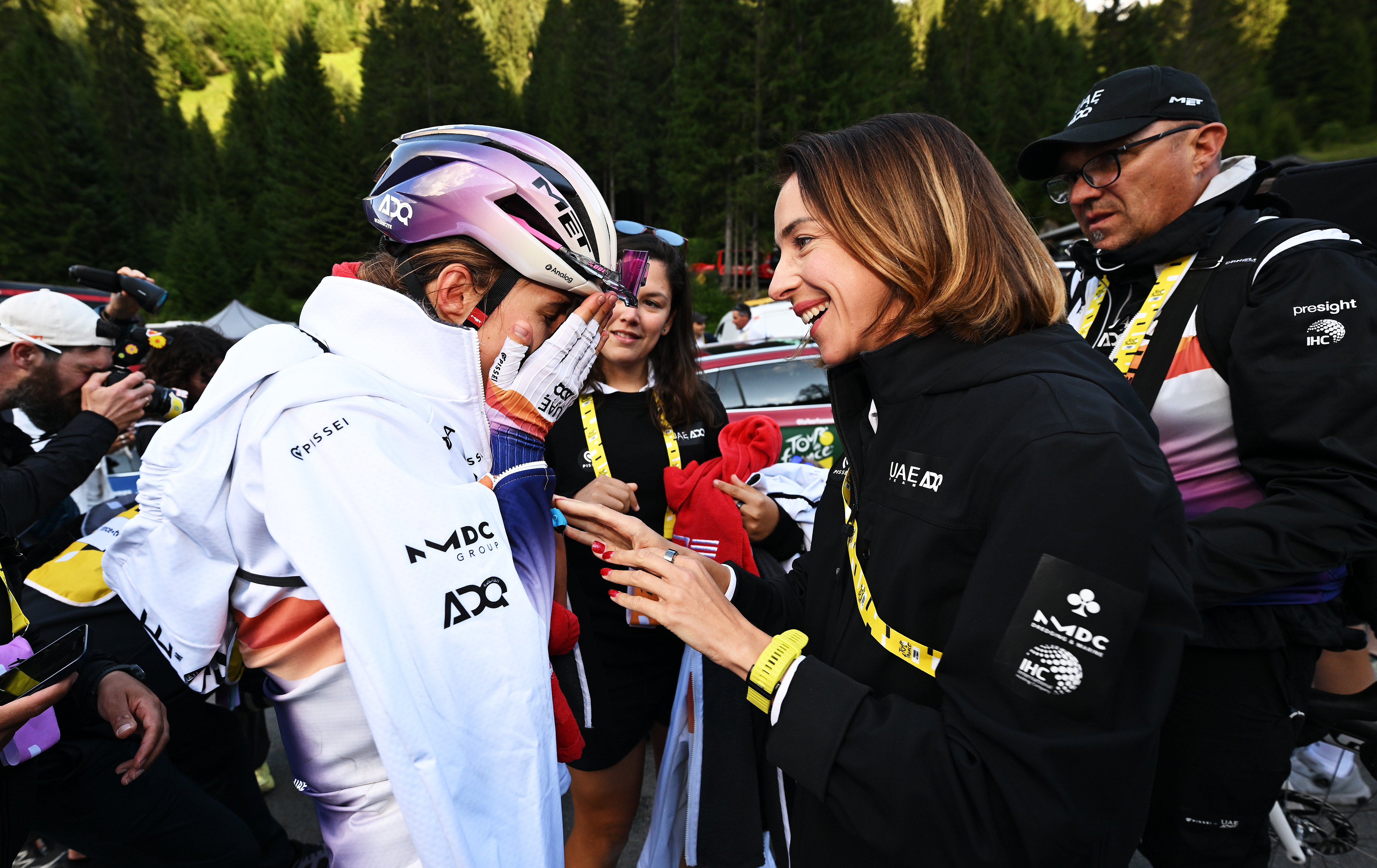 CHATEL LES PORTES DU SOLEIL, FRANCE - AUGUST 03: Dominika Wlodarczyk of Poland and UAE Team ADQ and Chief Executive Officer at UAE Team ADQ, Yana Seel react after the 4th Tour de France Femmes 2025, Stage 9 a 124.1km stage from Praz-sur-Arly to Chatel Les Portes du Soleilon 1298m / #UCIWWT / August 03, 2025 in Chatel Les Portes du Soleil, France. (Photo by Tim de Waele/Getty Images)