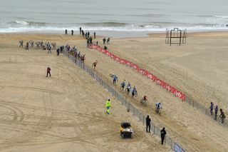 OOSTENDE BELGIUM JANUARY 31 Landscape Peloton Sand Beach Sea during the 72nd UCI CycloCross World Championships Oostende 2021 Men Elite UCICX CXWorldCup Ostend2021 CX on January 31 2021 in Oostende Belgium Photo by Luc ClaessenGetty Images