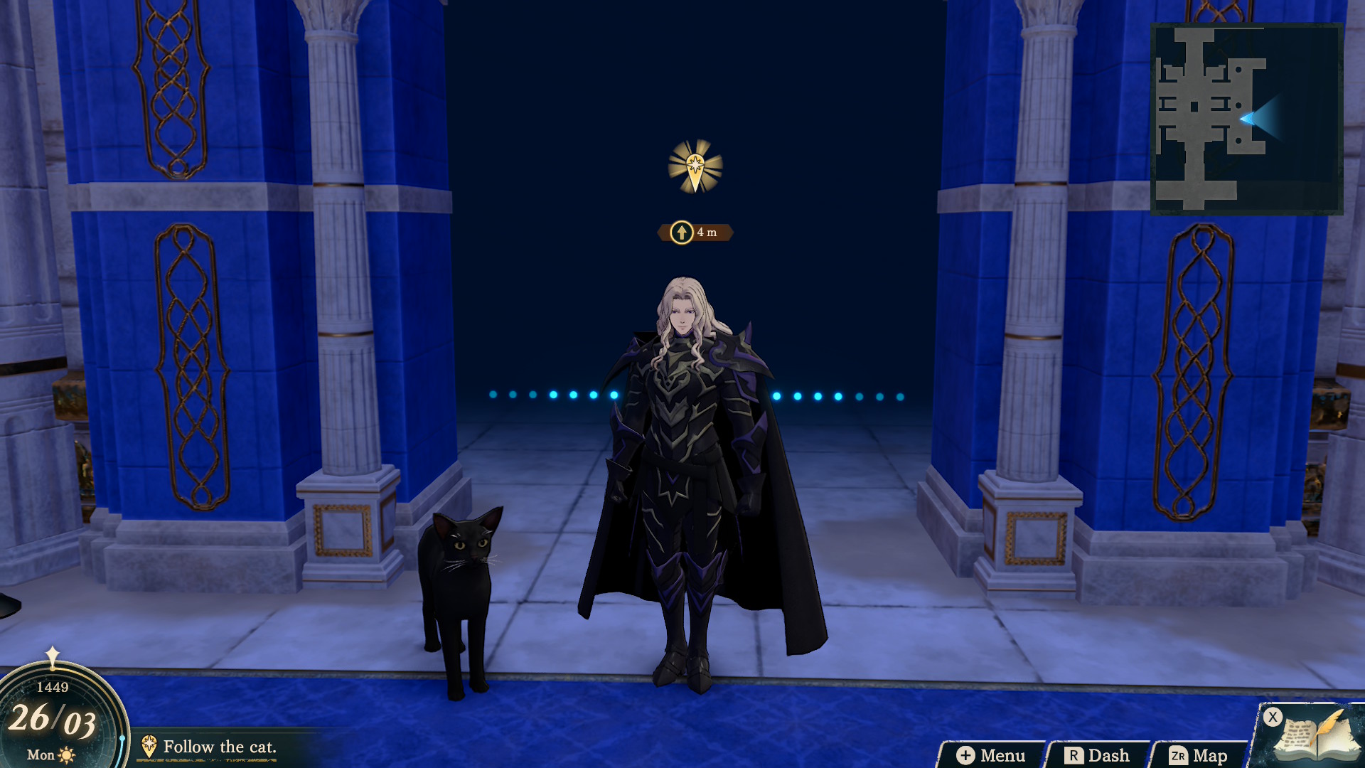 Dietrich stands beside a large cat in Fire Emblem: Fortune's Weave