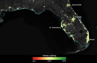 Image, created using data from the NOAA-NASA Suomi NPP satellite, showing how lights across Florida shine more brightly in December than they do during the rest of the year.