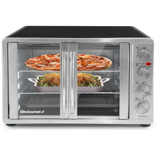 An Elite Gourmet French Door Convection Toaster Oven filled with pizza and roast beans on a white background
