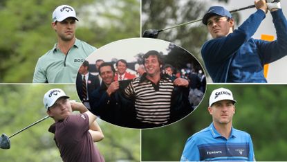 Fuzzy Zoeller is presented with the Green Jacket by Gary Player (centre), meanwhile, Thomas Detry (top left), Davis Thompson (top right), Rasmus Hojgaard (bottom left) and Taylor Pendrith (bottom right) all look on