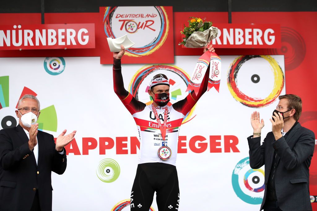 NUREMBERG GERMANY AUGUST 29 Alexander Kristoff of Norway and UAE Team Emirates celebrates winning on the podium ceremony after the 35th Deutschland Tour 2021 Stage 4 a 1563km stage fro Erlangen to Nrnberg DeineTour on August 29 2021 in Nuremberg Germany Photo by Christian KasparBartkeGetty Images