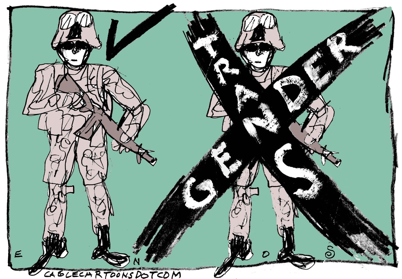 Political cartoon U.S. Trump military transgender soldiers