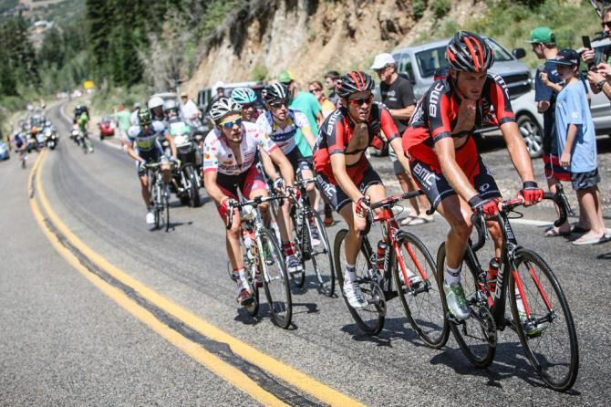 The break hits the steep first section of the first climb