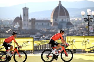 Geraint Thomas and Tom Pidcock during the teams presentation of the 2024 Tour de France