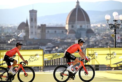 Geraint Thomas and Tom Pidcock during the teams presentation of the 2024 Tour de France