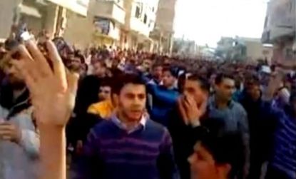 A screen shot from a Euronews report of Syrians in their third day of protests.