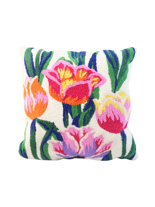 16" Crewel Embroidered Tulip Pillow