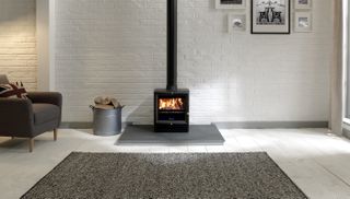 Woodburning stove in living room by Worcester Bosch