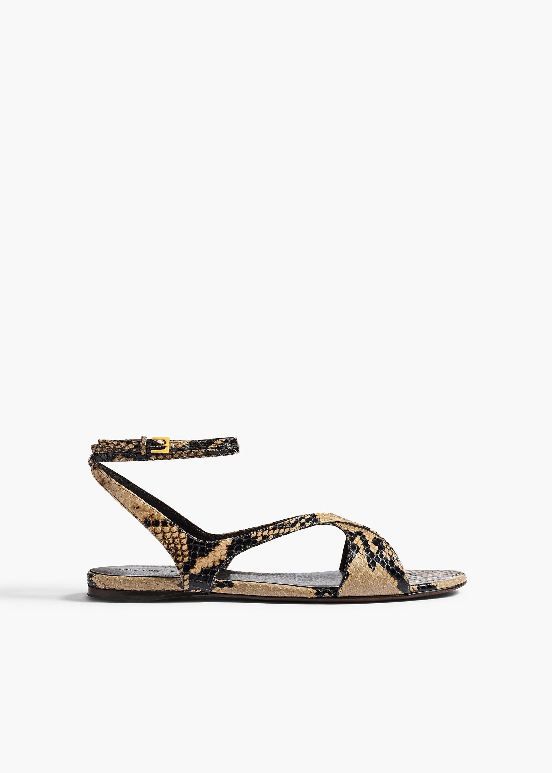 Liria Ankle Strap Flat Sandal in Python-Embossed Taupe - 35 / Taupe / Upper100%clsole100%cl