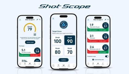 Three mobile phones with the Shot Scope app on them