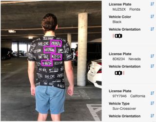 A license plate reader mistakenly reading a patterned shirt.