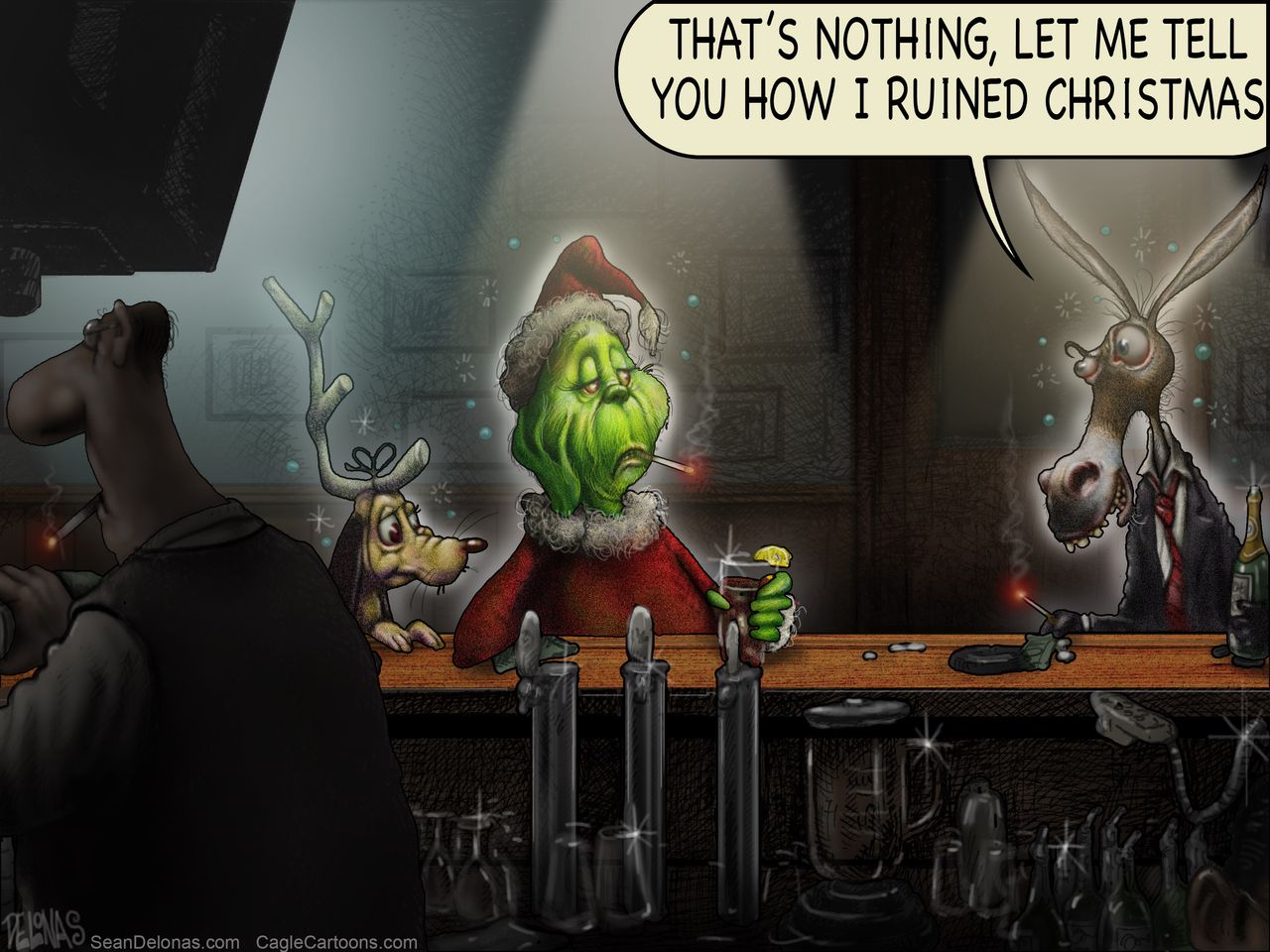 Political cartoon U.S. ruined Christmas Grinch Democrats government shutdown border wall spending