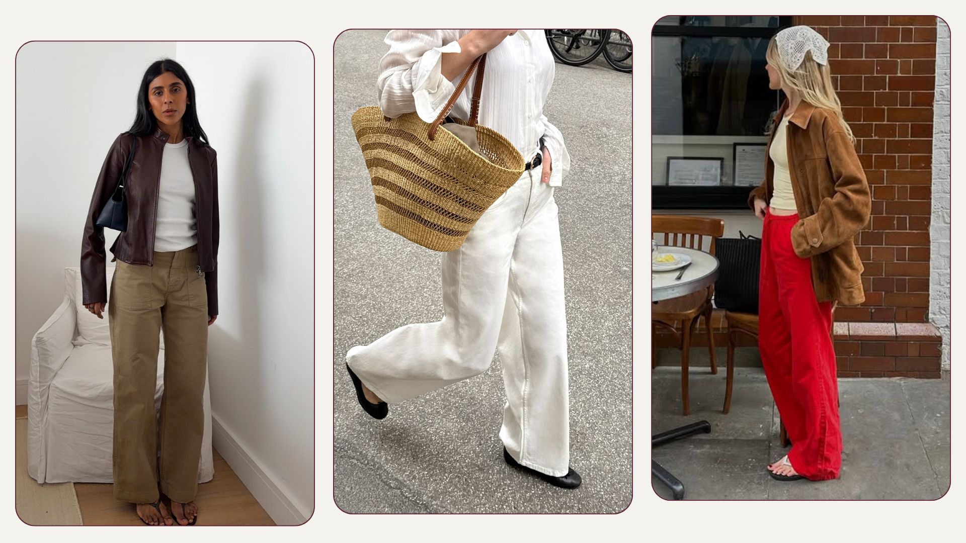 An image of the key summer jeans trends of 2026, including khaki jeans, red jeans and white jeans. 