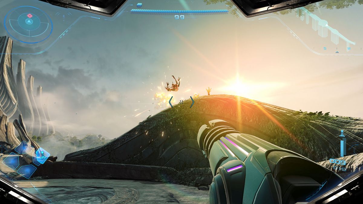 Exploring an ancient ruin in Metroid Prime 4: Beyond. Samus blasts an enemy lying on a platform sending it flying on Switch 2