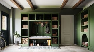 dark green boot room with built-in pet bed