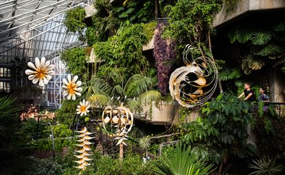 Ranjani Shettar "Cloud songs on the horizon’ exhibition of sculptures hanging over green plants in Barbican Conservatory