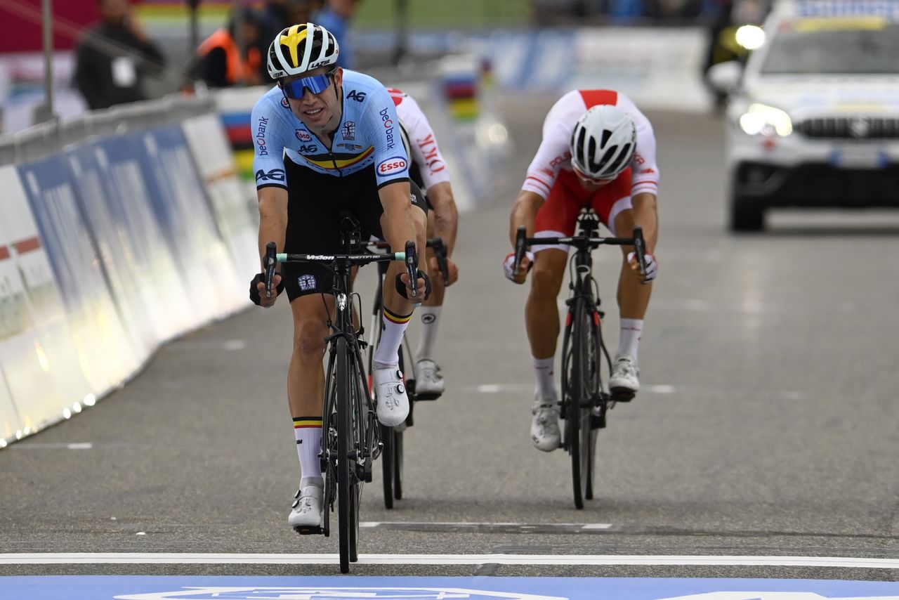 Wout van Aert sprinting to silver at the 2020 world championships in Imola, Italy