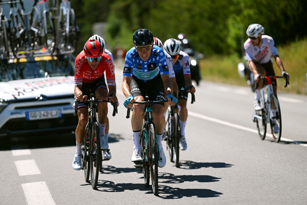 GAP FRANCE JUNE 10 LR Warren Barguil of France and Team Arka Samsic and Pierre Rolland of France and Team BB Hotels PB KTM Polka Dot Mountain Jersey compete in the breakaway during the 74th Criterium du Dauphine 2022 Stage 6 a 1964km stage from Rives to Gap 742m WorldTour Dauphin on June 10 2022 in Gap France Photo by Dario BelingheriGetty Images