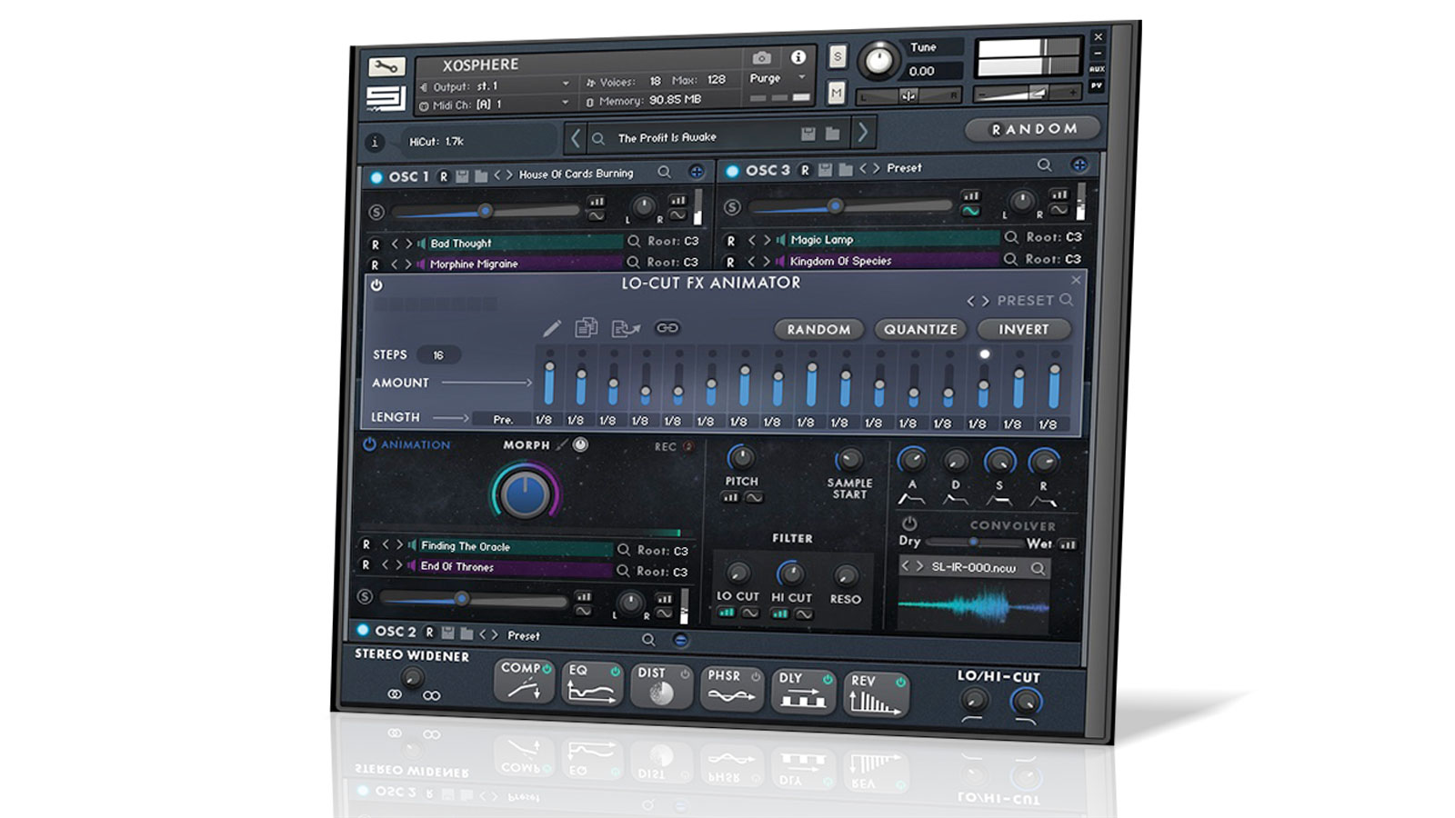 Each of Xosphere&#039;s four oscillators hosts two samples, which are mixed via the Morph knobs