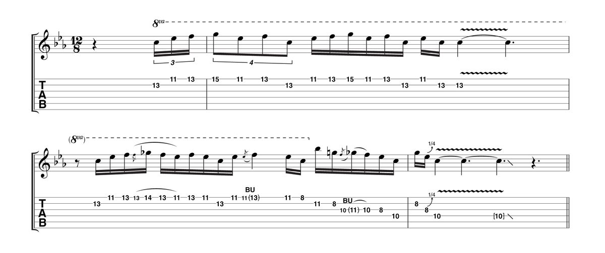 A quieter take (softer picking) over the same backing returns to the neck pickup. Keep your eye on the timing, but once again don't attempt to stay perfectly in time. Like all great blues players, Jimmy's phrasing often drifts across the beat.