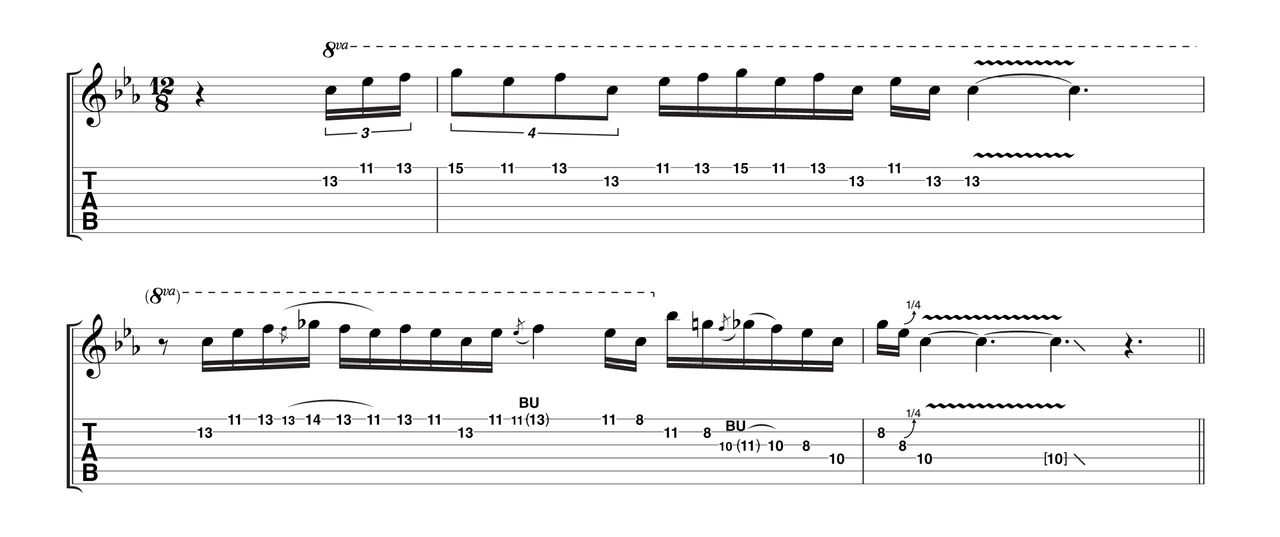 A quieter take (softer picking) over the same backing returns to the neck pickup. Keep your eye on the timing, but once again don't attempt to stay perfectly in time. Like all great blues players, Jimmy's phrasing often drifts across the beat.