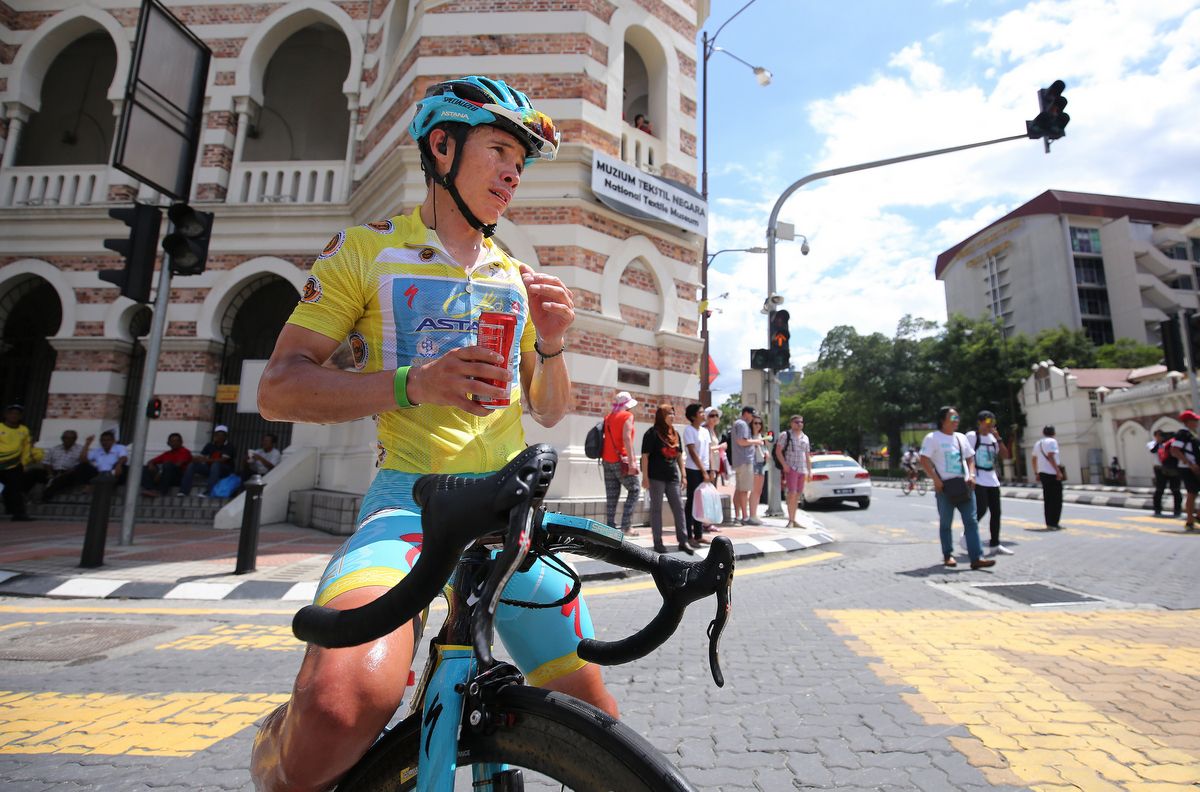Race leader Miguel Lopez cools down post-stage