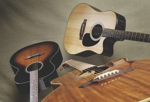 Takamine's EF340SCO (right), EF444S-TBS (left) and EF508KC (centre)