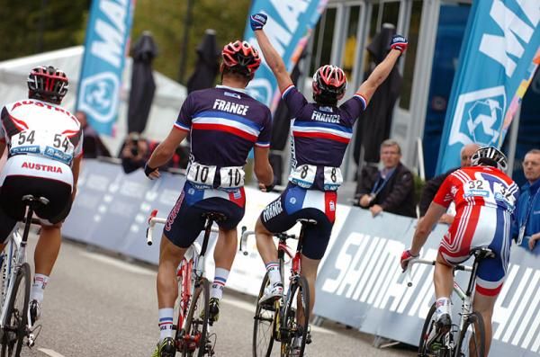 The view the rest of the U23 men's field had of Frenchman Demare and Petit at the finish line.
