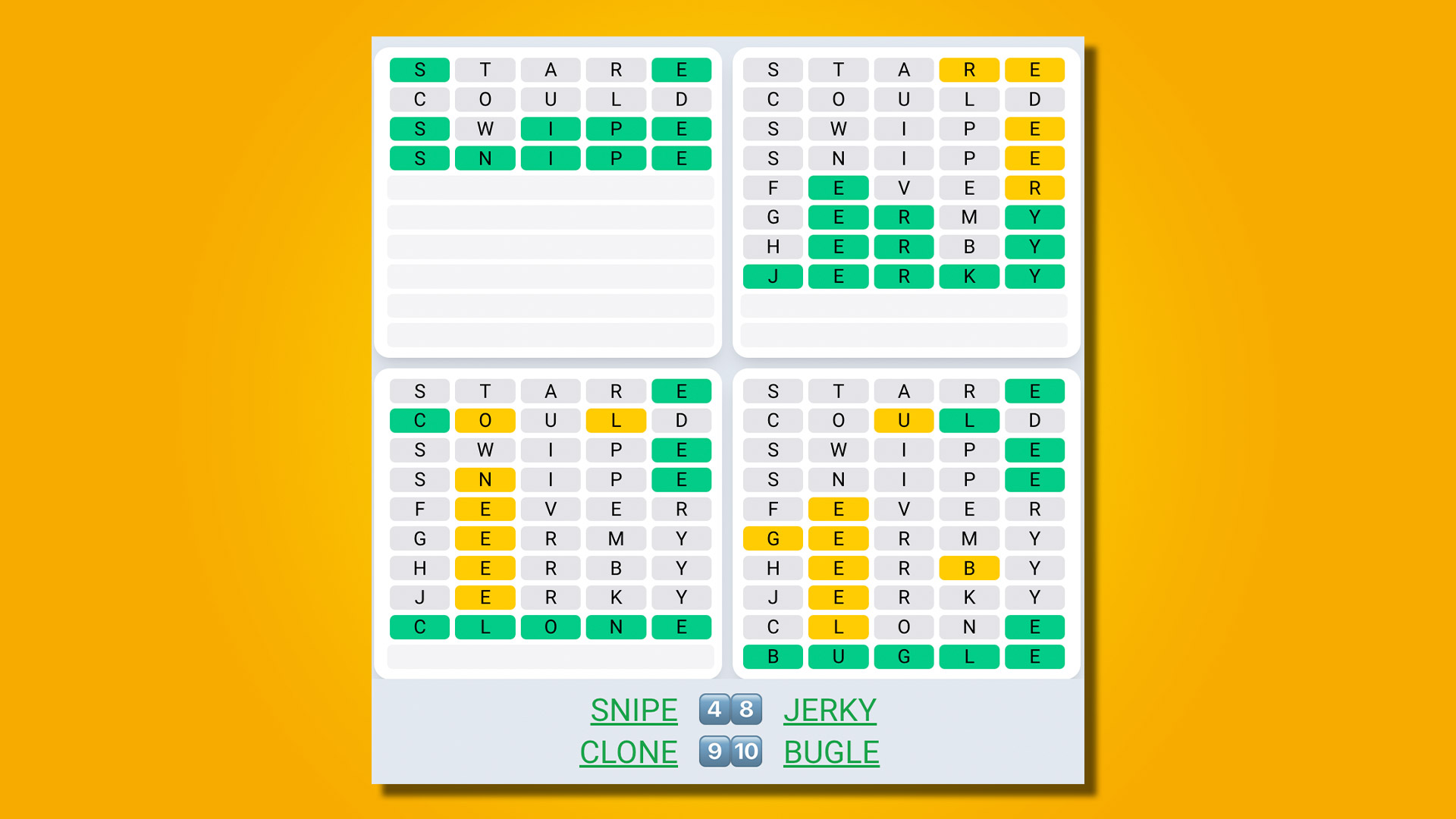 Quordle Daily Sequence 463 respuestas sobre un fondo amarillo