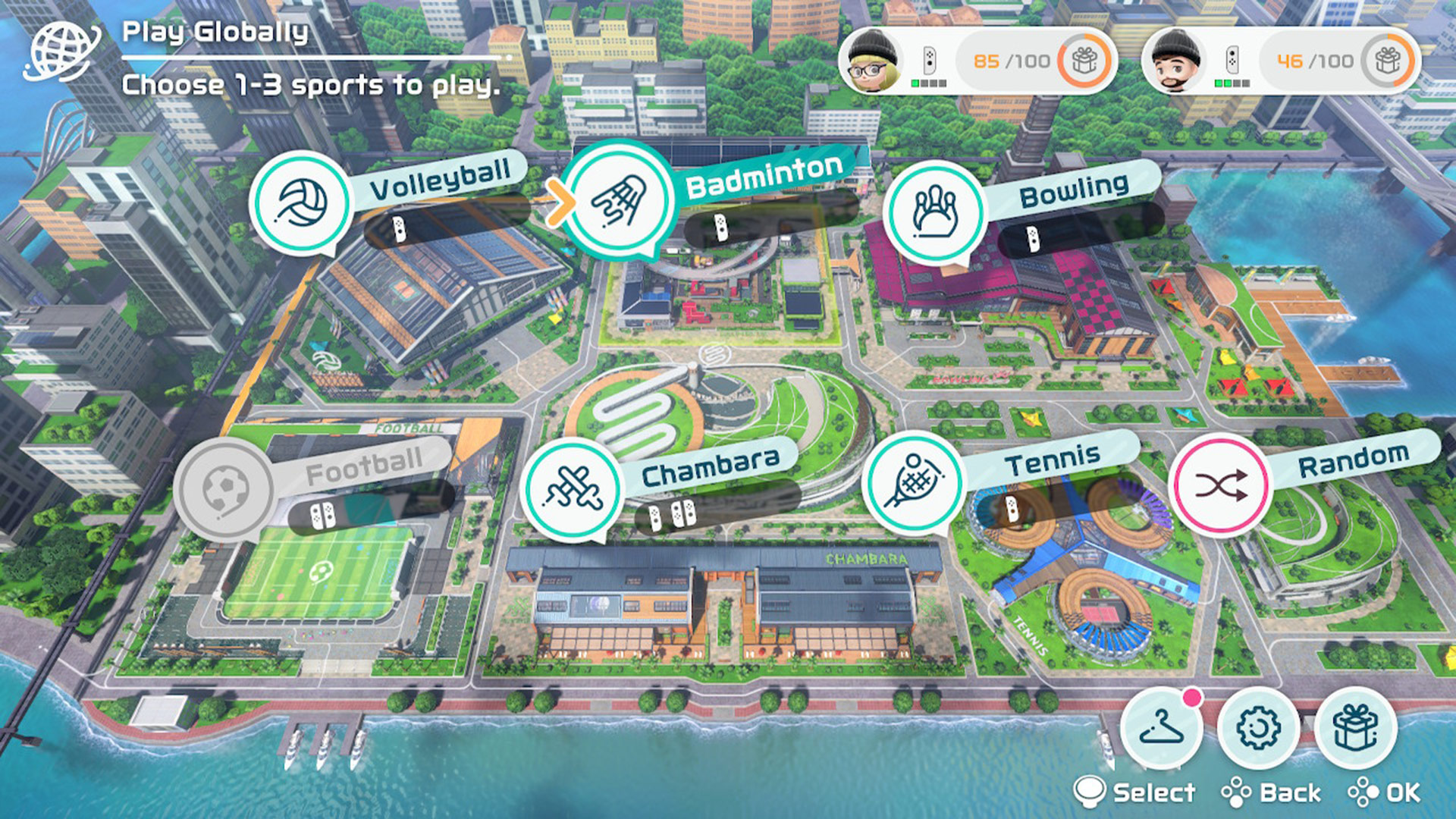 A screen from Nintendo Switch Sports showing the main game selection screen