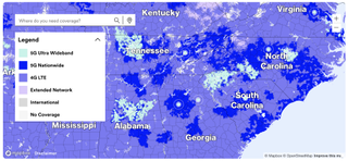 Screenshot of Visible's coverage map including Ultra Wideband coverage in light blue