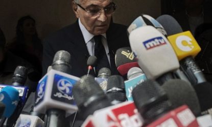 Former Egyptian Prime Minister Ahmed Shafiq holds a press conference Saturday: The Hosni Mubarak loyalist has controversially won a spot in June's presidential run-off election.