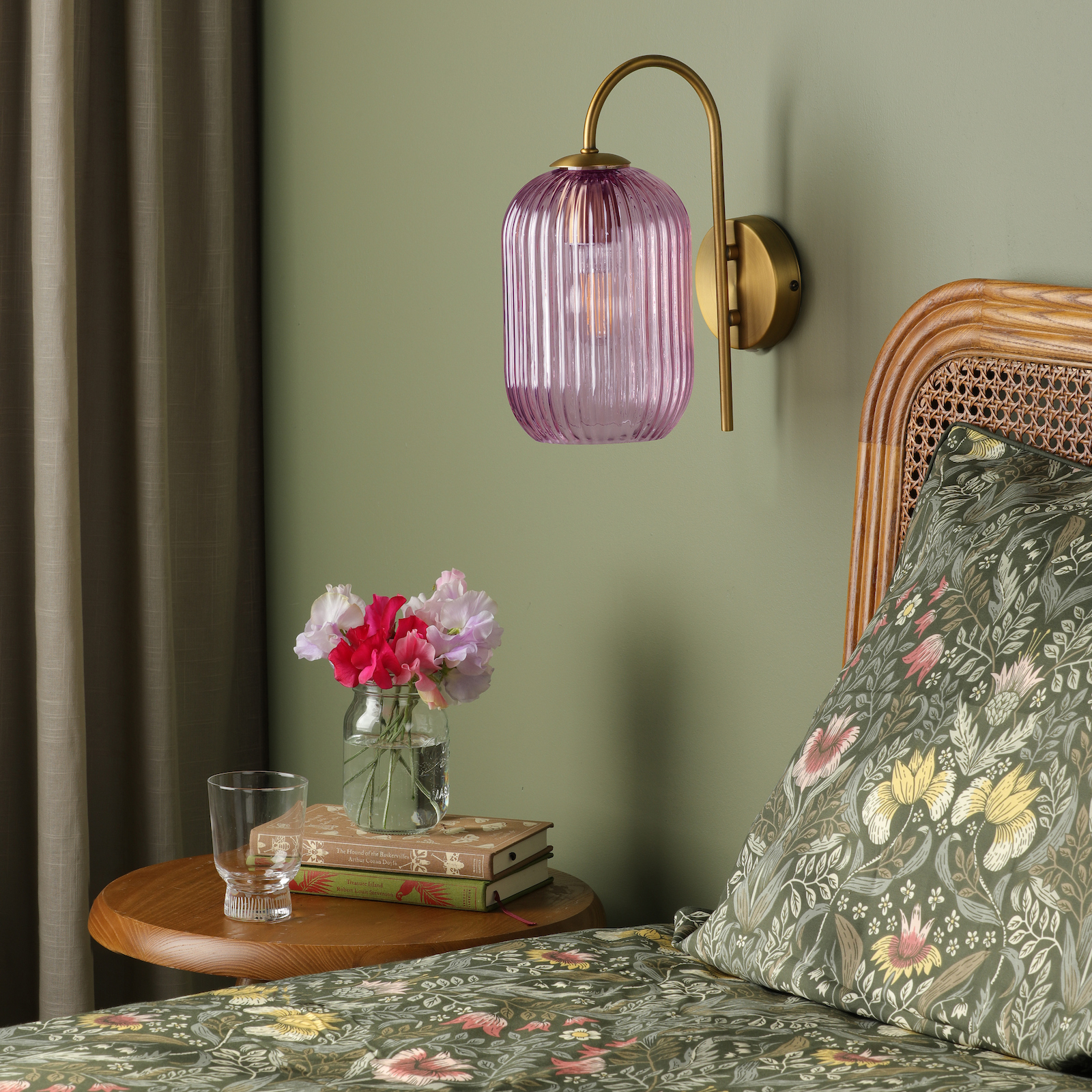 dar lighting group Idra Wall Light Aged Bronze and Pink Ribbed Glass