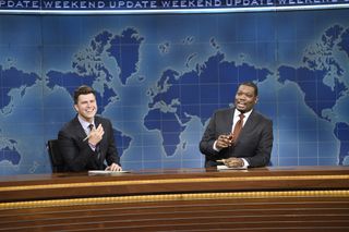 Colin Jost and Michael Che during the Weekend Update segment on Satruday Night Live on Saturday, Nov. 7, 2020