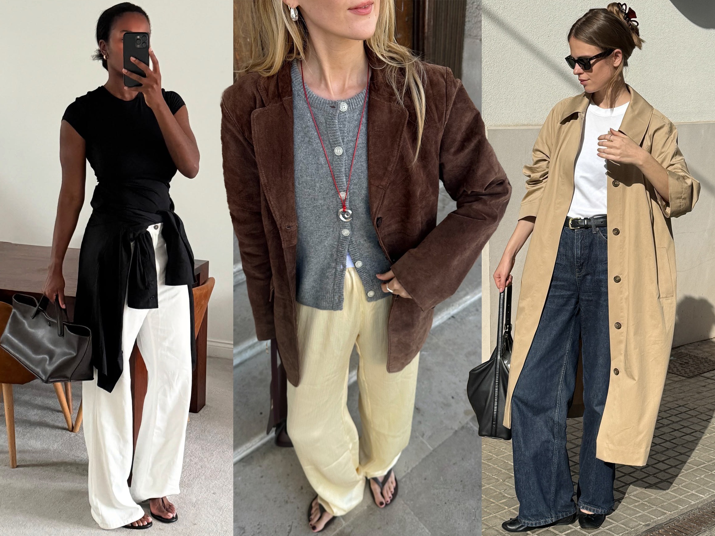 collage of style influencers Marilyn Nwawulor-Kazemaks, Chloe Butler, and Clara Dyrhauge wearing wealthy-looking fall outfits with T-shirts, a cardigan sweater, brown suede jacket, trench coat, jeans, flip-flop sandals, and ballet flats