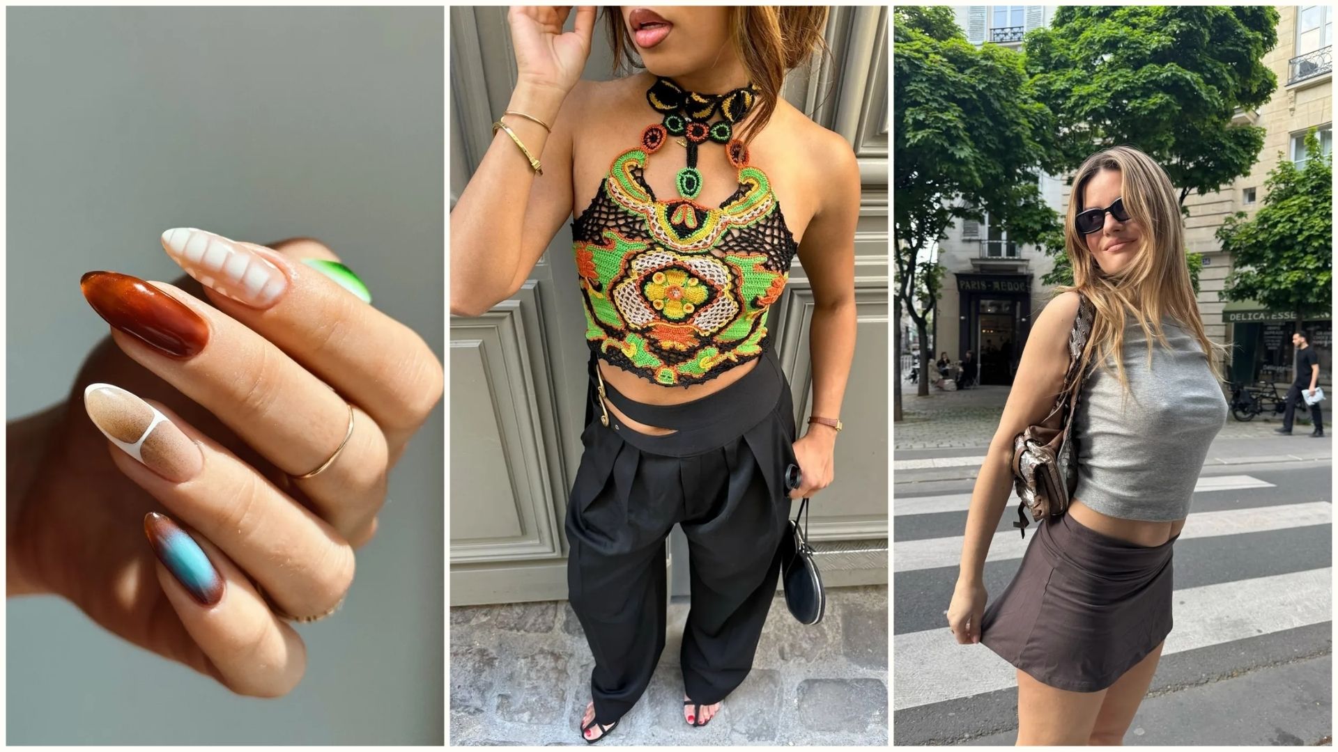 A collage of summer comeback beauty trends, from nail art to 90s lip liner and layered haircuts
