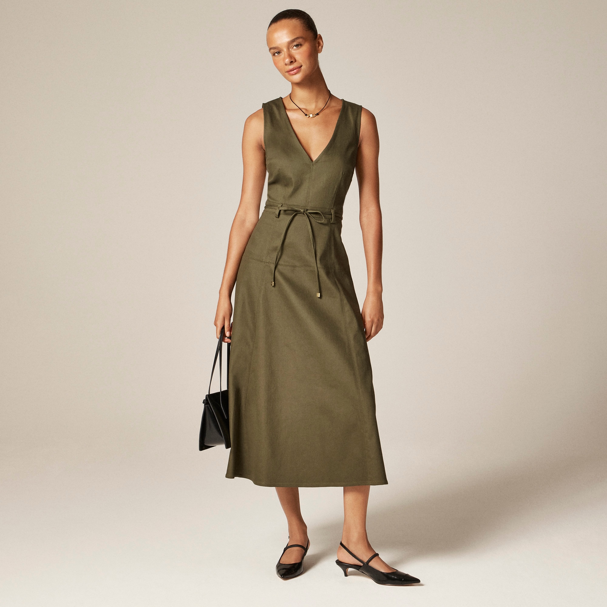 Seamed Tie-Waist Dress in Tailored Twill