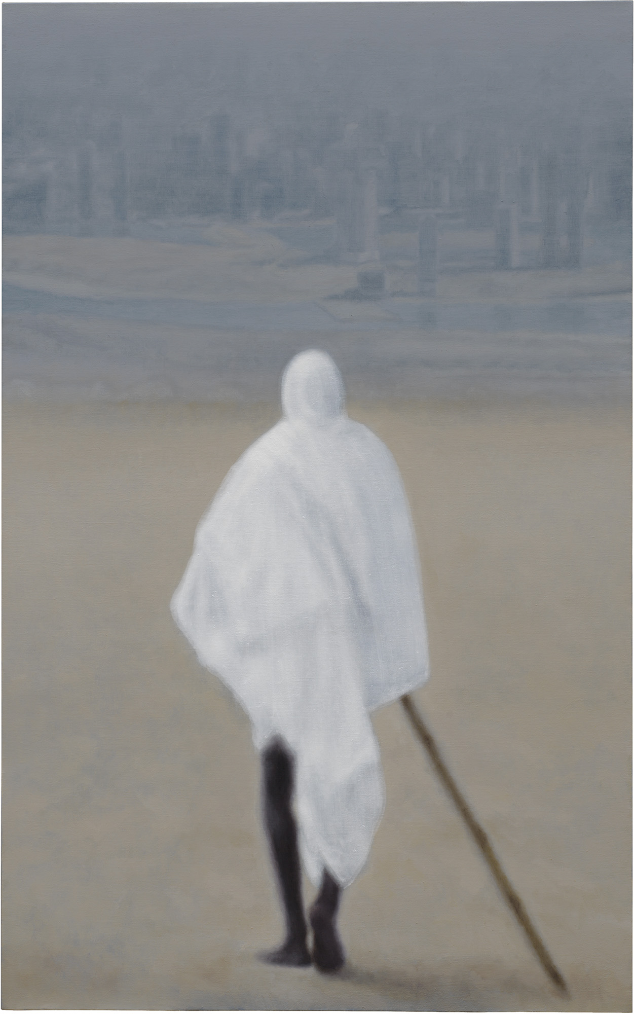 artwork of man in white, walking away