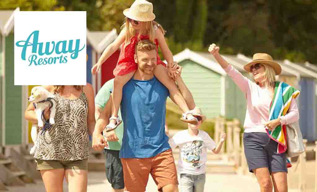 Away Resorts logo placed over an image of a family at the beach 