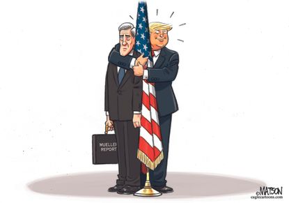 Political Cartoon U.S. Trump Mueller flag hug