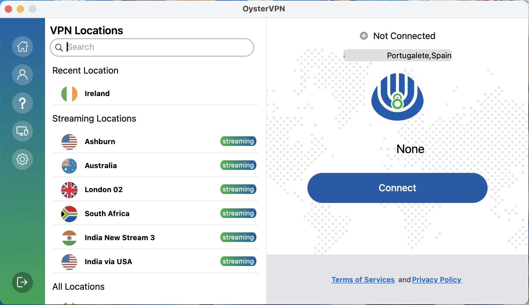 OysterVPN desktop home and server list