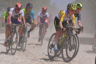SIENA ITALY AUGUST 01 Amanda Spratt of Australia and Team Mitchelton Scott Dust during the Eroica 6th Strade Bianche 2020 Women Elite a 136km race from Siena to Siena Piazza del Campo StradeBianche on August 01 2020 in Siena Italy Photo by Luc ClaessenGetty Images