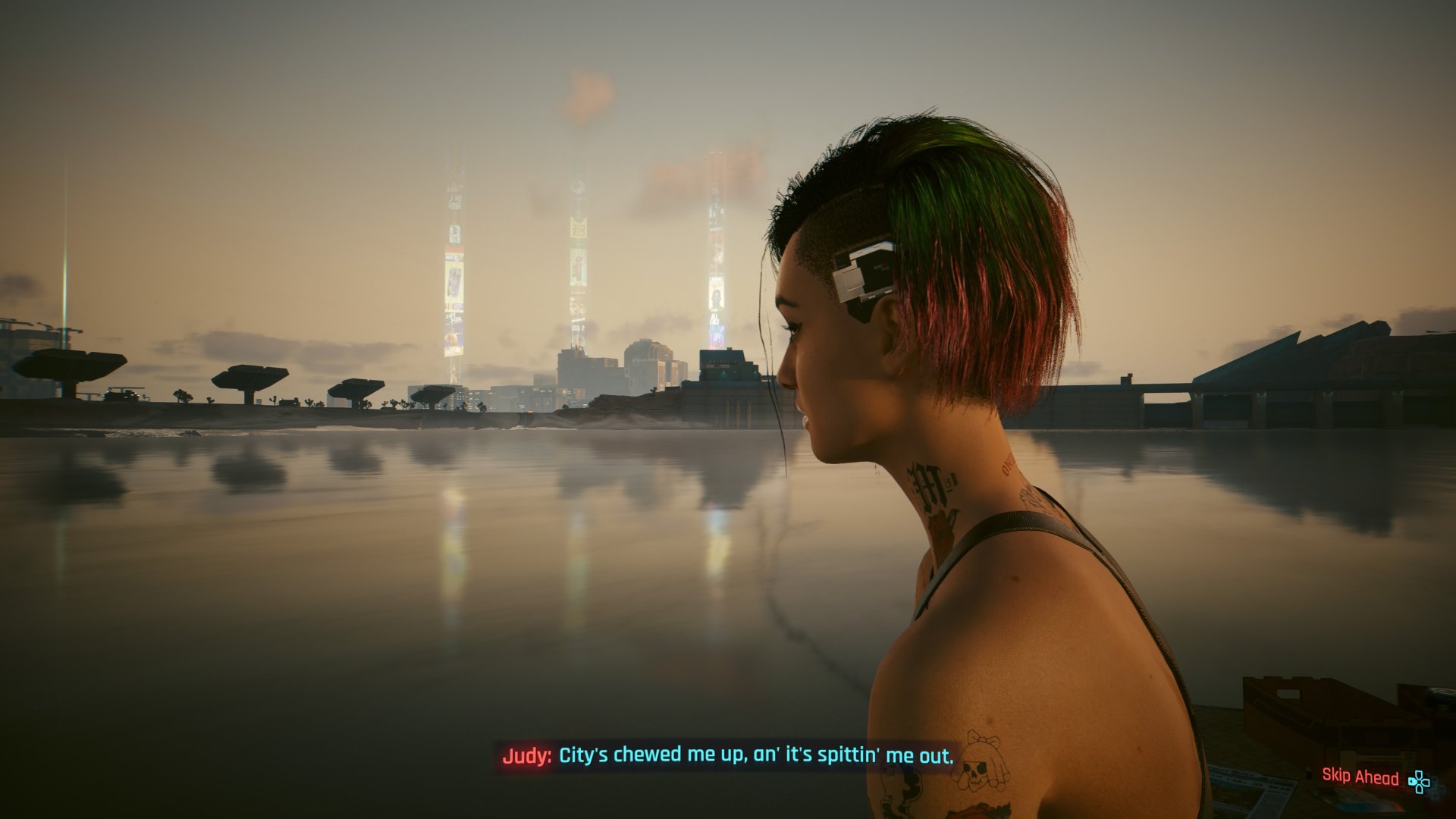 Cyberpunk 2077 screenshot showing Judy looking out over the water, saying, &amp;quot;City&#039;s chewed me up, an it&#039;s spittin&#039; me out.&amp;quot;