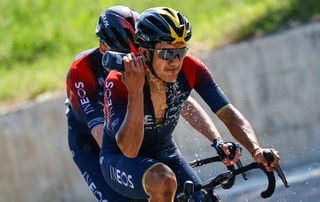 Team Ineos Ecuadorian rider Richard Carapaz douses himself in water during the 9th stage of the Giro dItalia 2022 cycling race 191 kilometers between Isernia and the Blockhaus mountain in the Majella national park near Chieti southern Italy on May 15 2022 Photo by Luca Bettini AFP Photo by LUCA BETTINIAFP via Getty Images