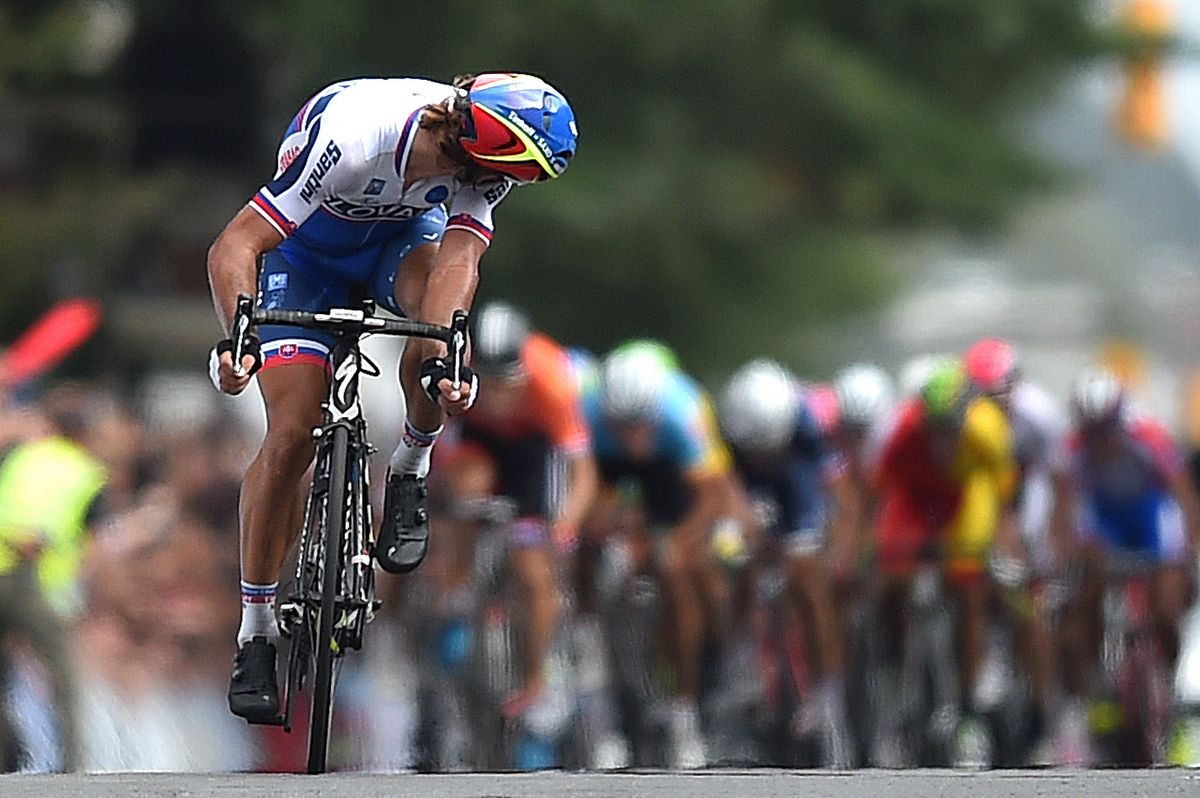 Peter Sagan (Slovakia) checks back to the chasing group in the final kilometre