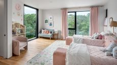 Bedroom with pink curtains